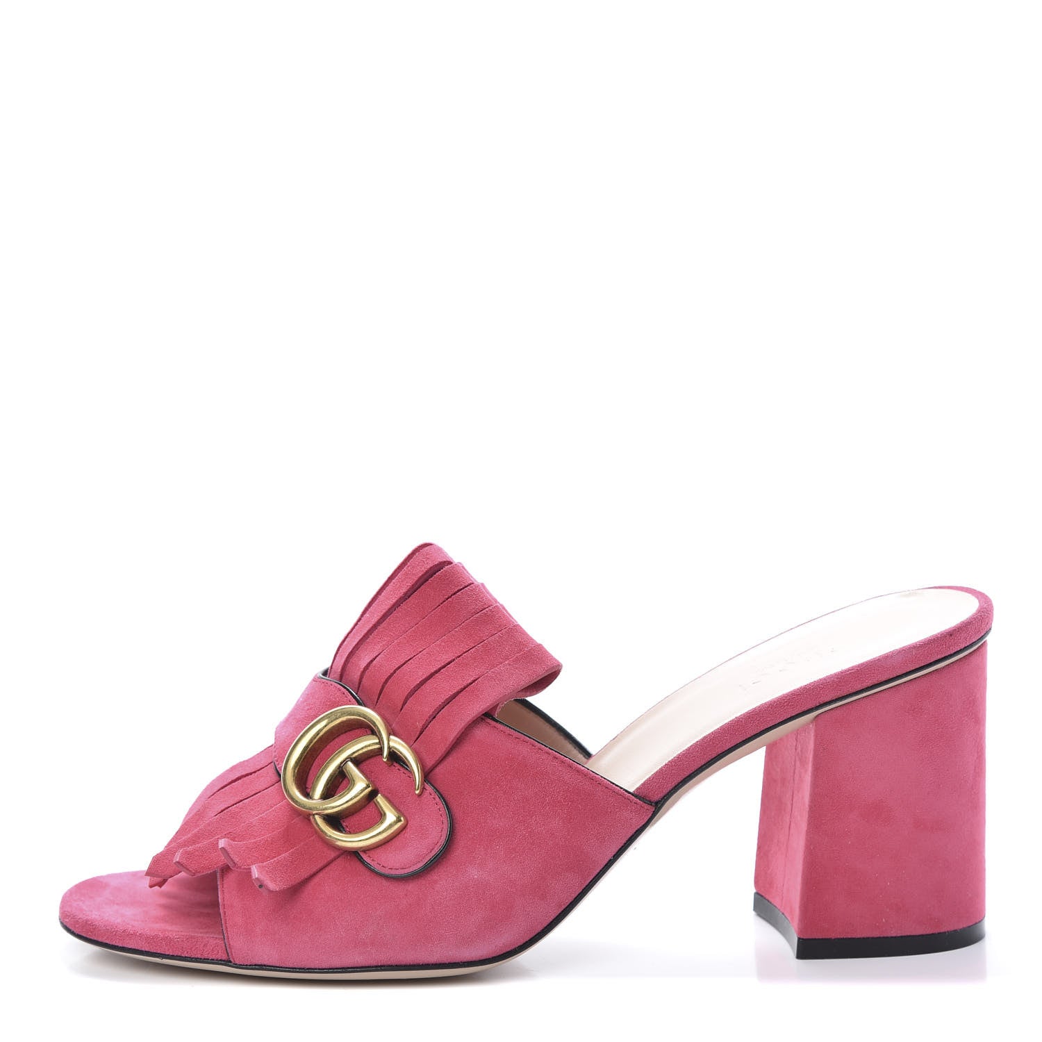 Gucci Kid Scamosciato GG Marmont Fringe 75mm Slide Sandals 39.5 Hot Pink 1 of 11