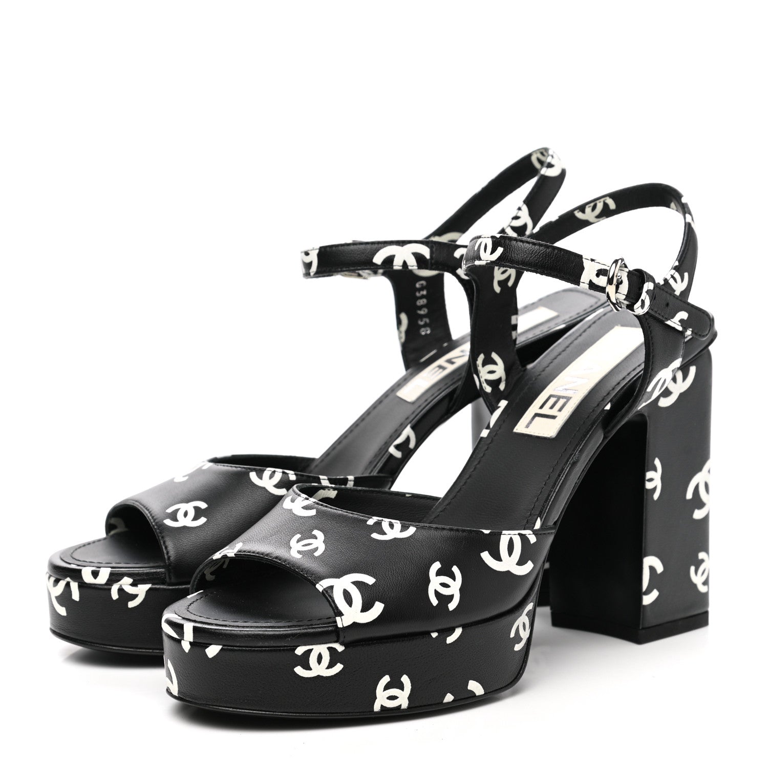 Chanel Printed Lambskin CC Platform Sandals 38 Black White 3 of 9