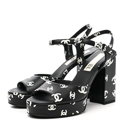 Chanel Printed Lambskin CC Platform Sandals 38 Black White 3 of 9