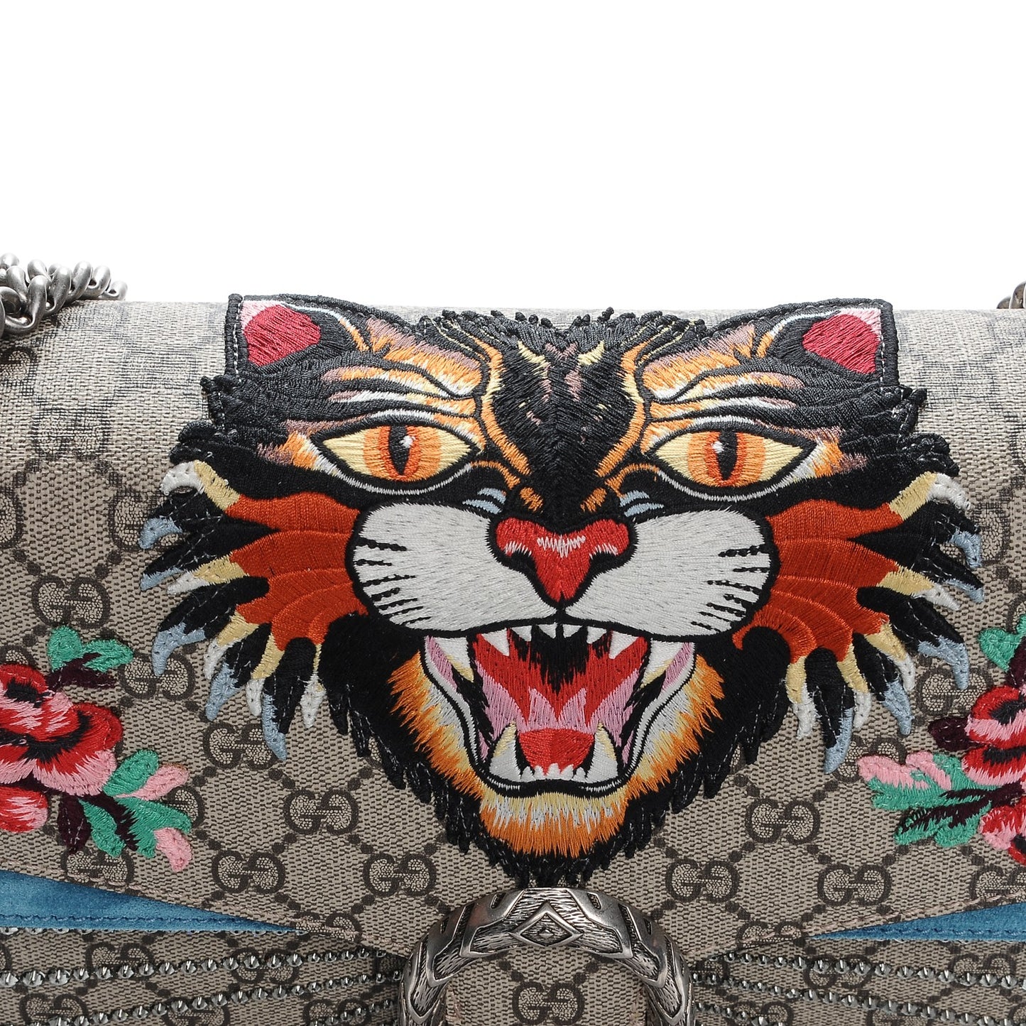 GG Supreme Monogram Angry Cat Embroidered Medium Dionysus Shoulder Bag Beige Ultramarine