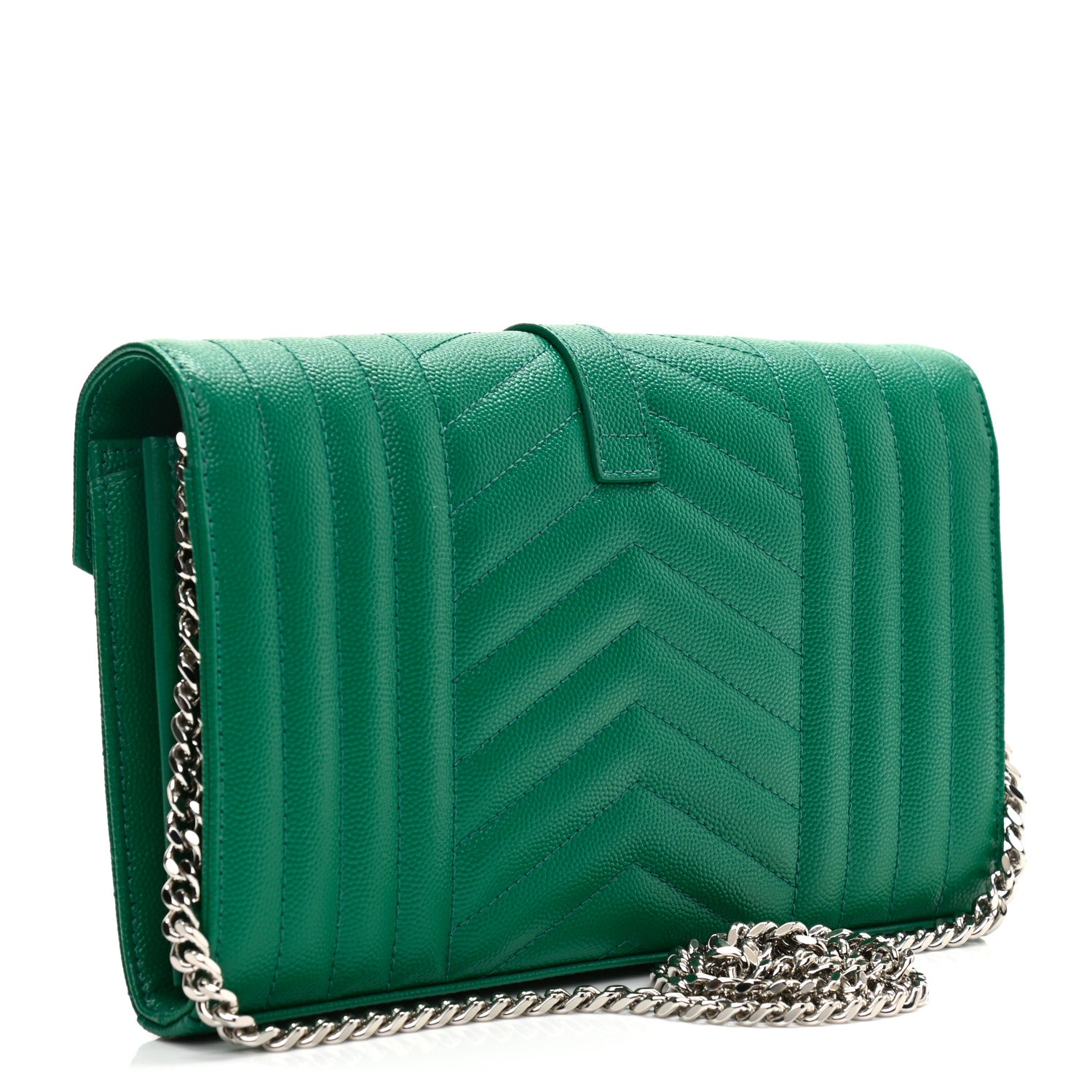 Saint Laurent Grain De Poudre Mixed Matelasse Triquilt Monogram Chain Wallet Green Field 2 of 9