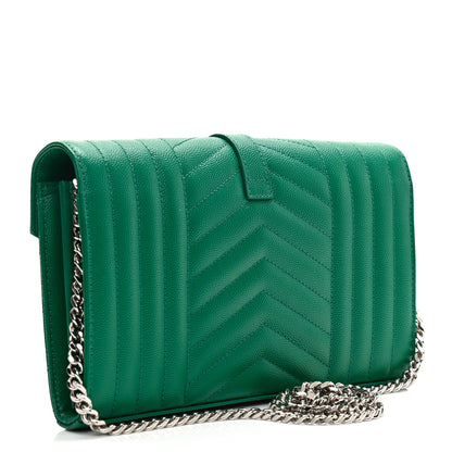 Saint Laurent Grain De Poudre Mixed Matelasse Triquilt Monogram Chain Wallet Green Field 2 of 9