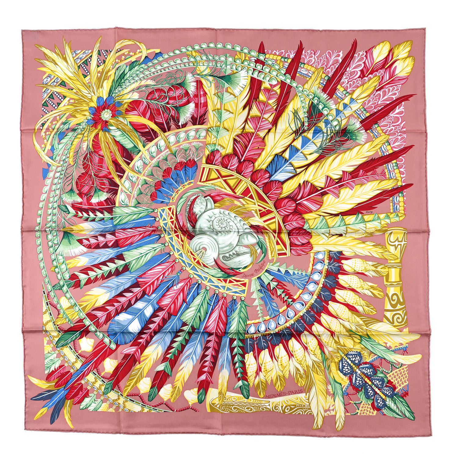 Hermes Silk Danse Pacifique Scarf 90 Vieux Rose Vert Jaune 1 of 3
