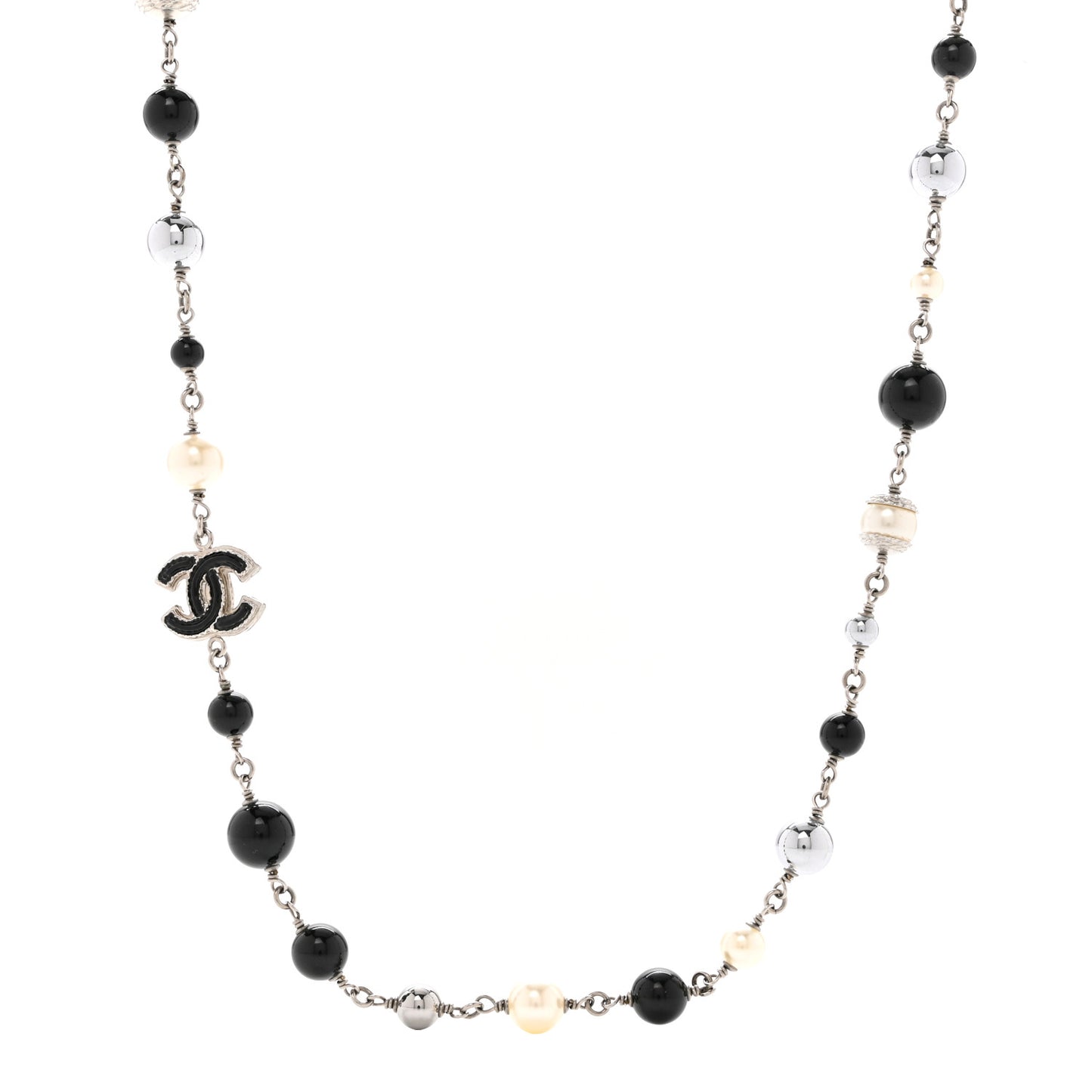 Pearl Bead Enamel CC Baroque Long Necklace Black Gold