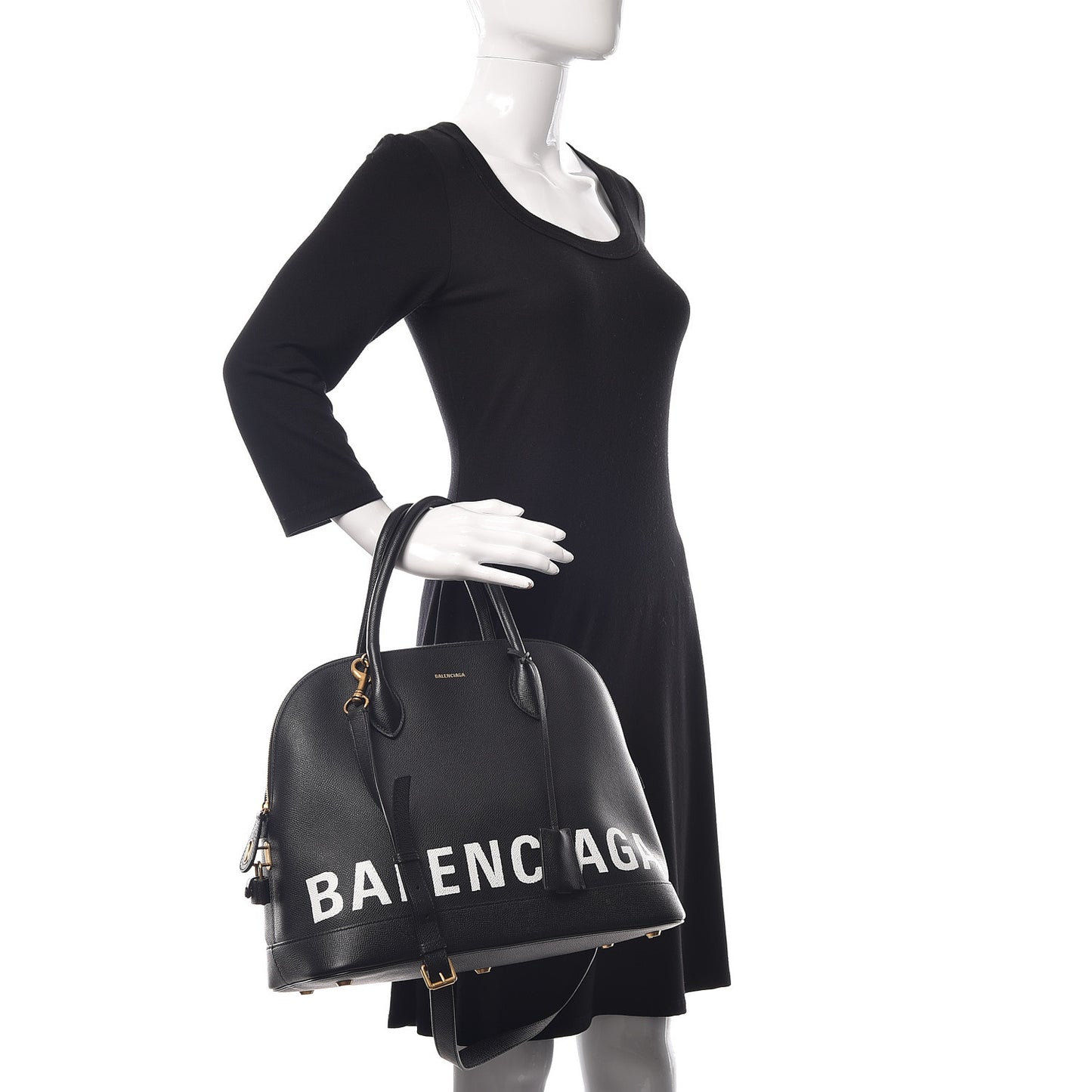 Signature Grained Calfskin Logo M Ville Top Handle Bag Black