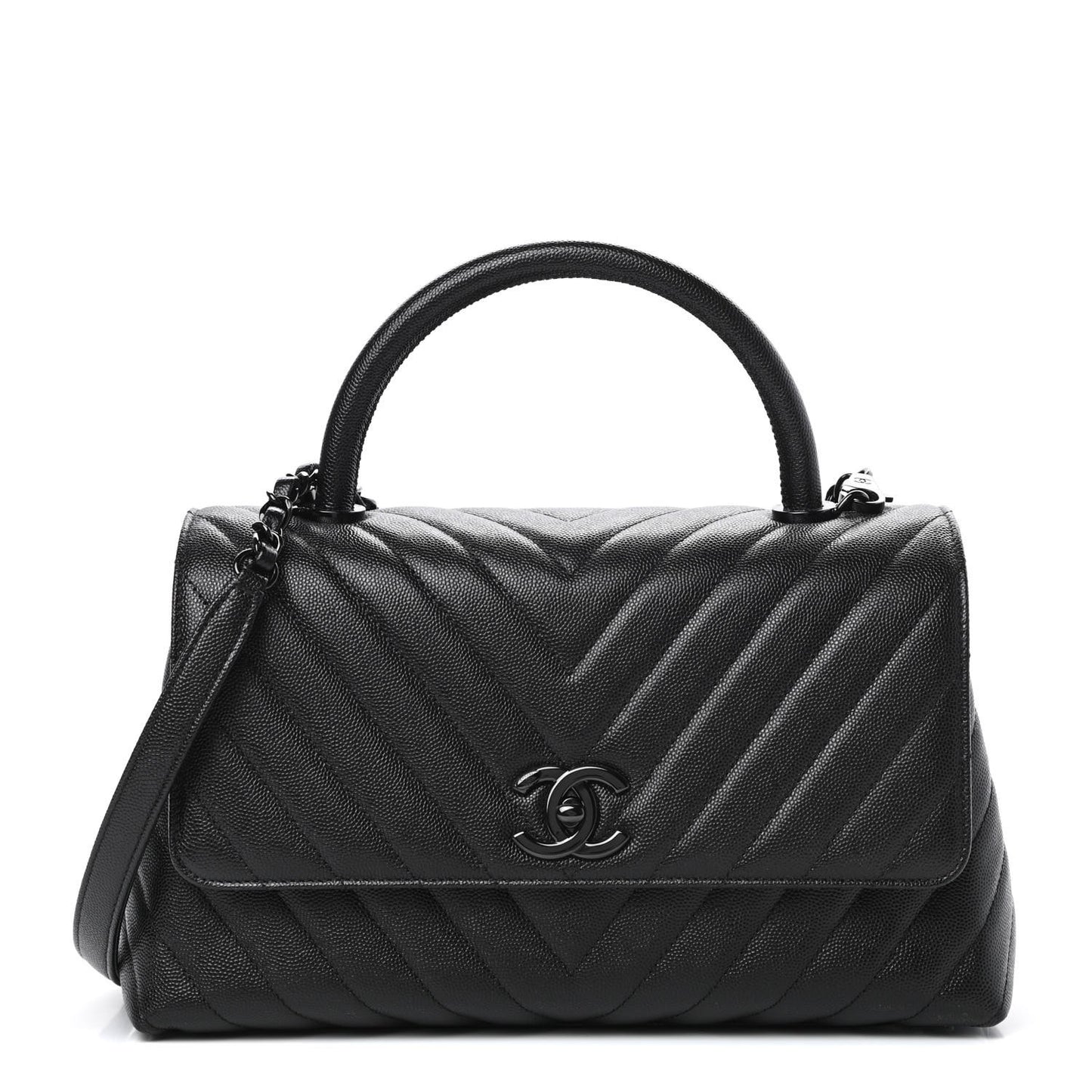 Caviar Chevron Quilted Small Coco Handle Flap So Black