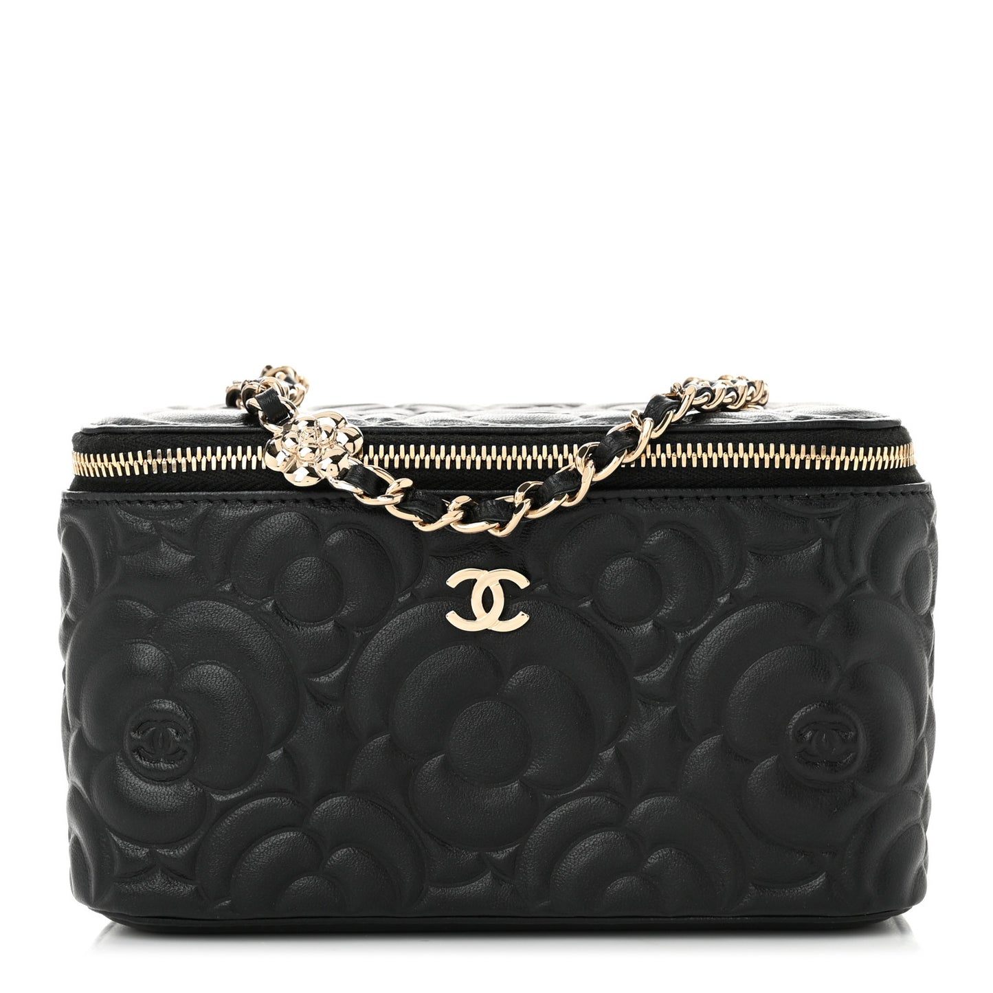 Lambskin Camellia Embossed Small Vanity Case With Chain Black