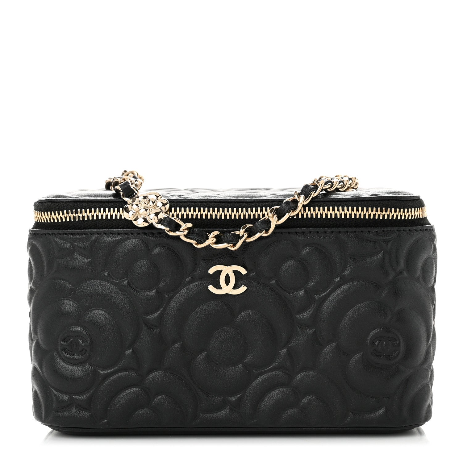Chanel Lambskin Camellia Embossed Small Vanity Case With Chain Black 1 of 10