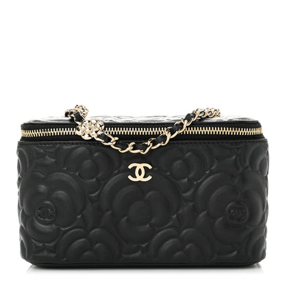 Chanel Lambskin Camellia Embossed Small Vanity Case With Chain Black 1 of 10