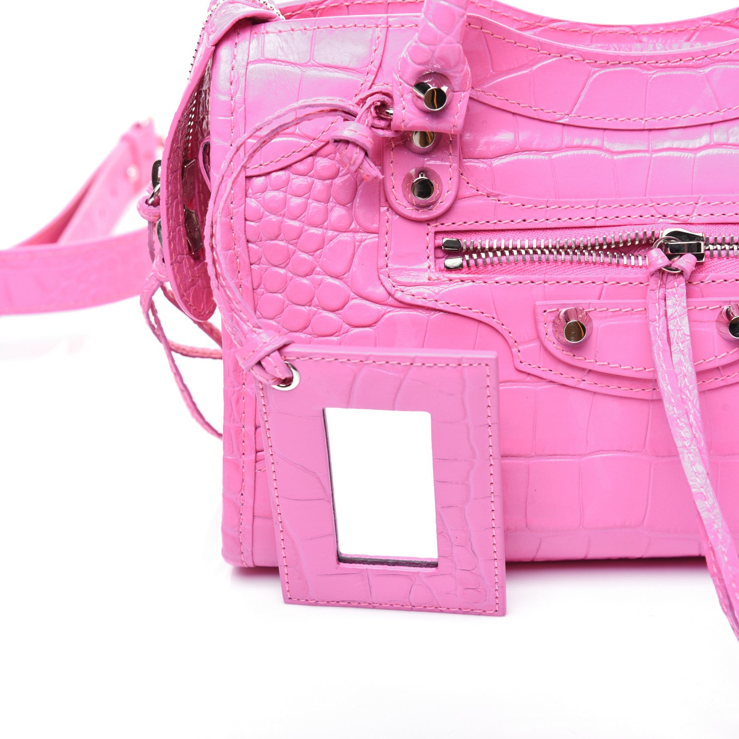 Balenciaga Shiny Supple Calfskin Crocodile Embossed Classic Silver Hardware Mini City Baby Pink 23 of 32