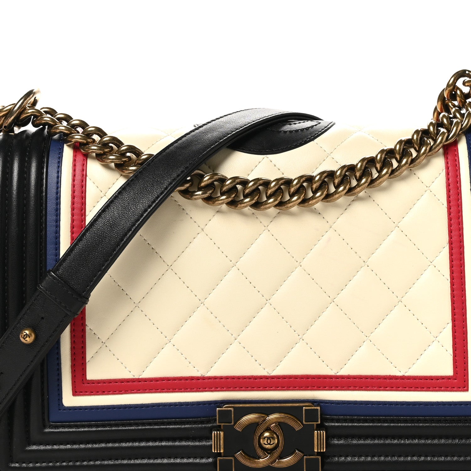 Chanel Lambskin Quilted Crest Embellished New Medium Boy Flap Black White Blue 8 of 11