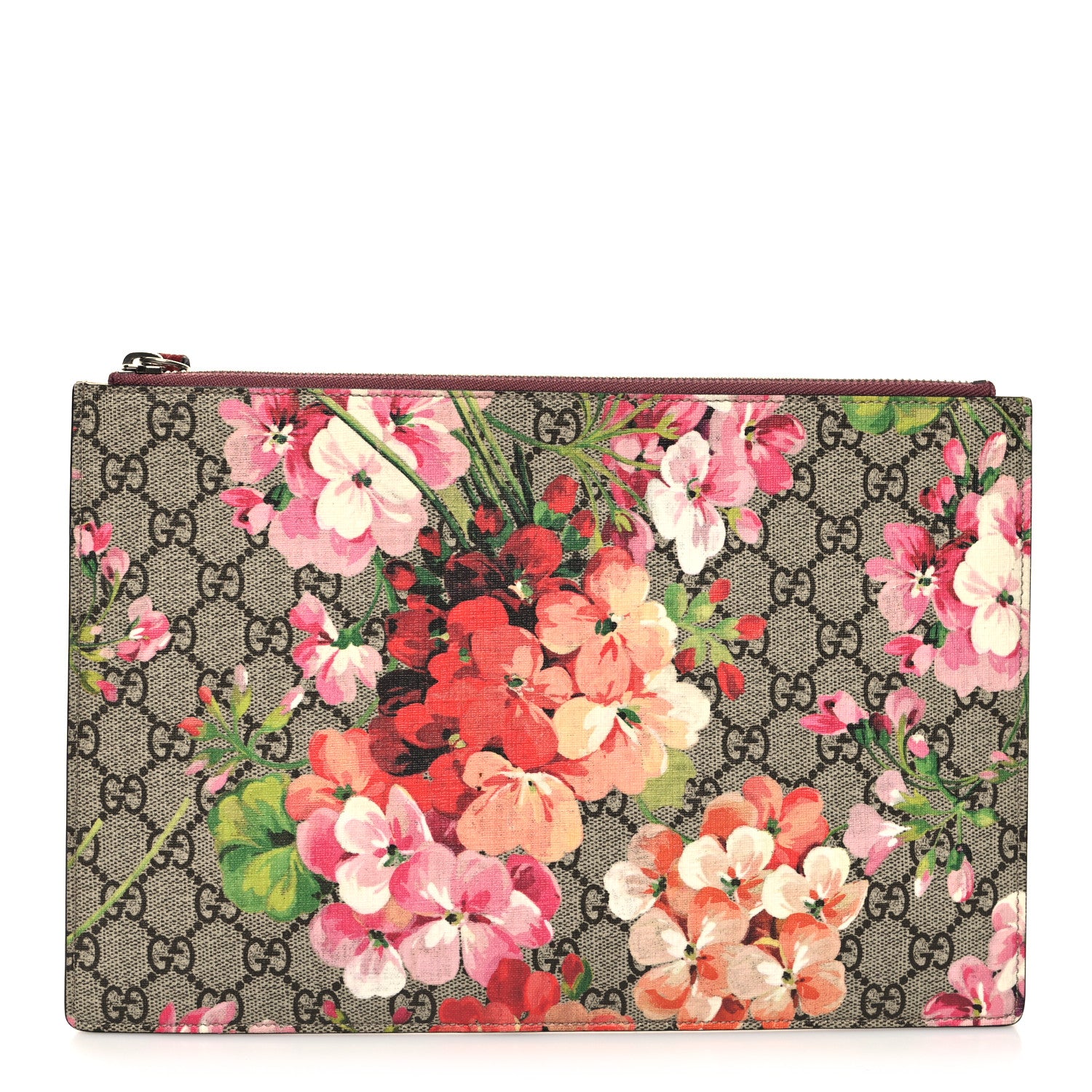 Gucci GG Supreme Monogram Blooms Suede Large Zip Pouch Beige Multicolor Dry Rose 1 of 10