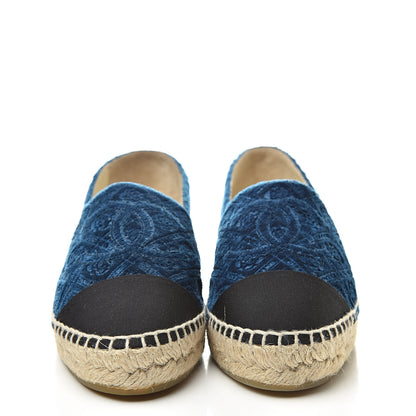 Chanel Velvet Grosgrain Quilted Camellia CC Espadrilles 37 Navy Black 2 of 10