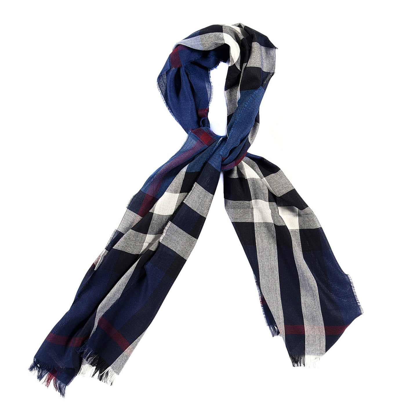 Wool Cashmere Check Lightweight Scarf Navy