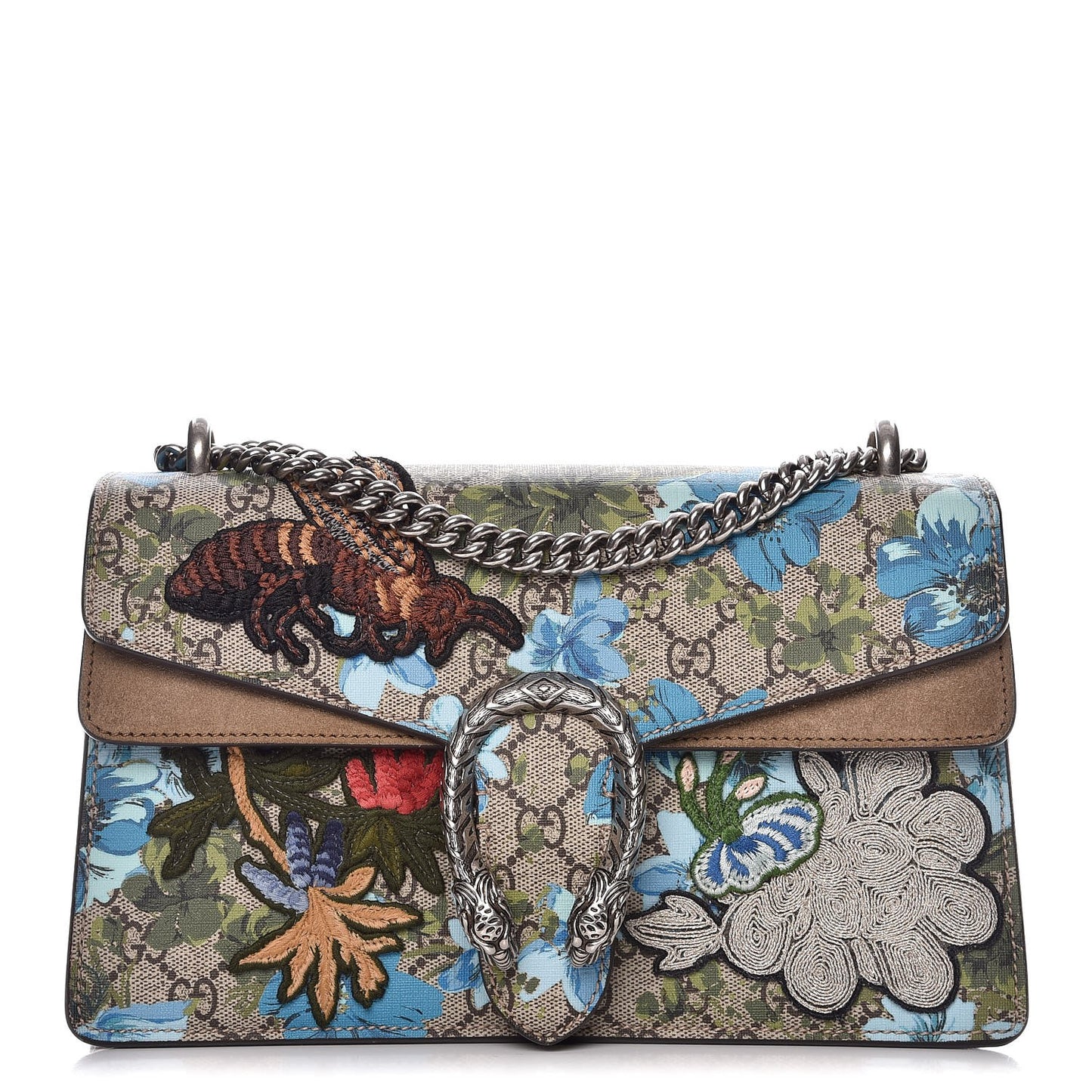 GG Supreme Monogram Blooms Print Embroidered Small Dionysus Shoulder Bag Blue Taupe