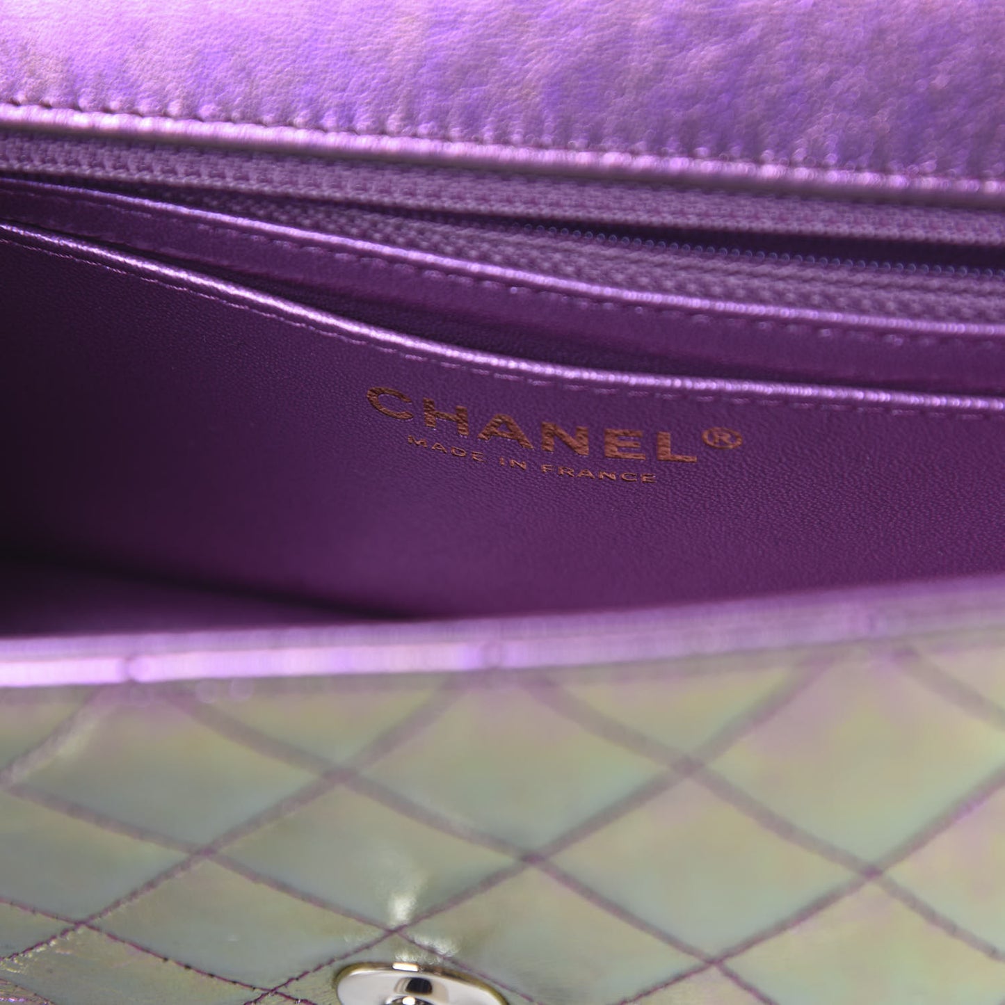 Iridescent Lambskin Quilted Mini Rectangular Flap Purple