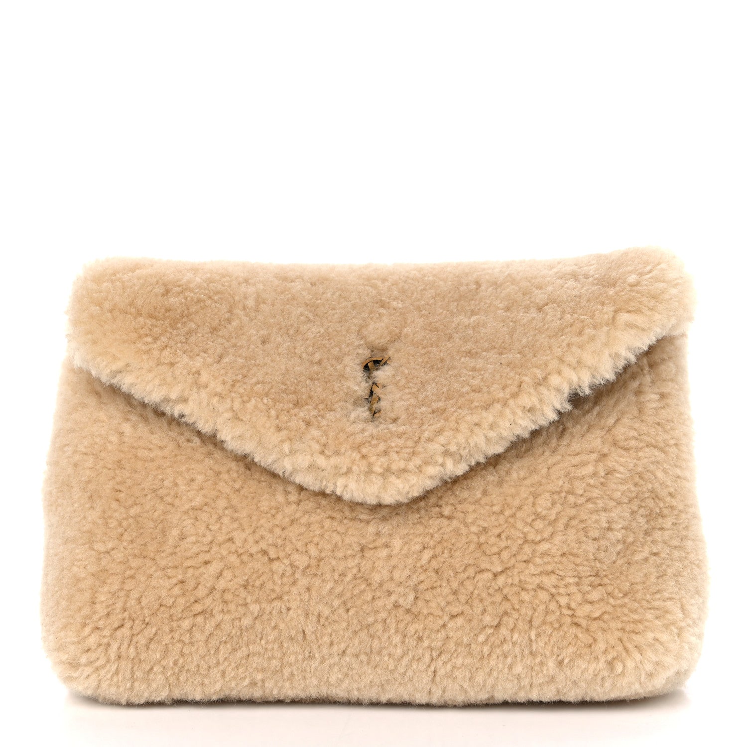 Saint Laurent Shearling Quilted Monogram Loulou Puffer Pouch Clutch Natural Beige Brick 2 of 9