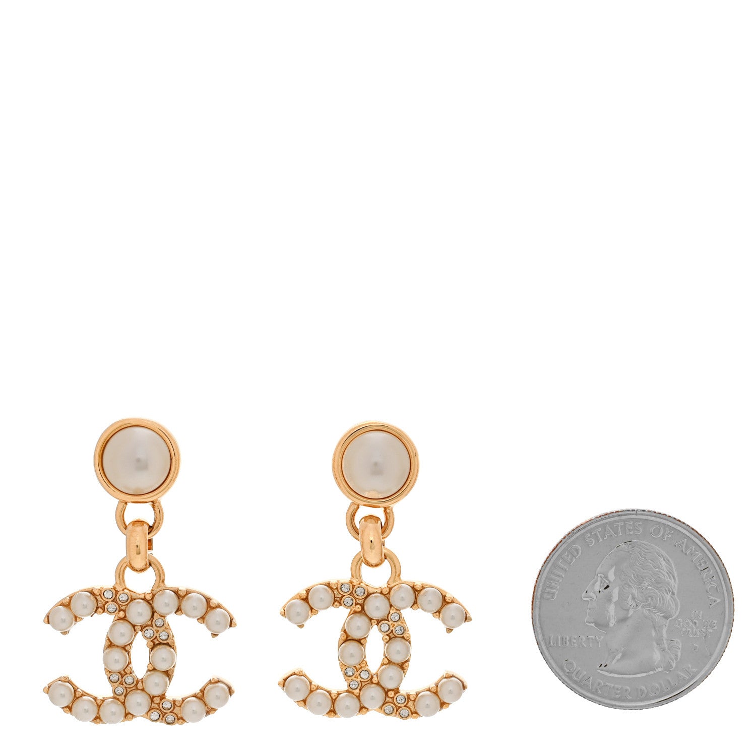 Chanel Metal Crystal Pearl CC Pendant Earrings Gold 2 of 5