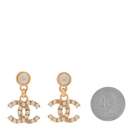 Chanel Metal Crystal Pearl CC Pendant Earrings Gold 2 of 5