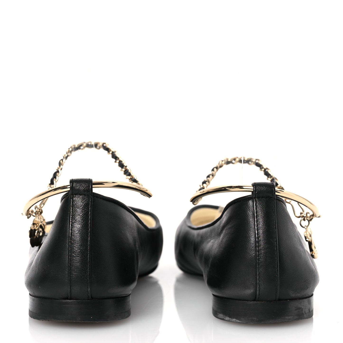 Lambskin Patent Calfskin Cap Toe Ankle Chain Ballerina Flats 37.5 Black