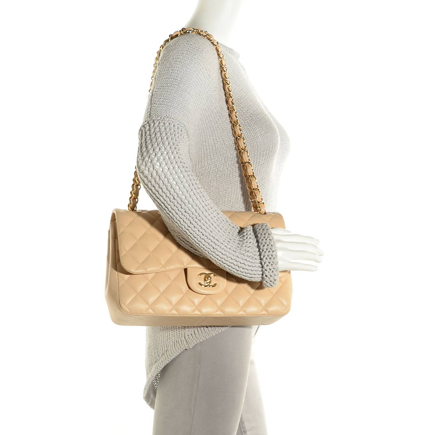 Lambskin Quilted Jumbo Double Flap Beige Clair