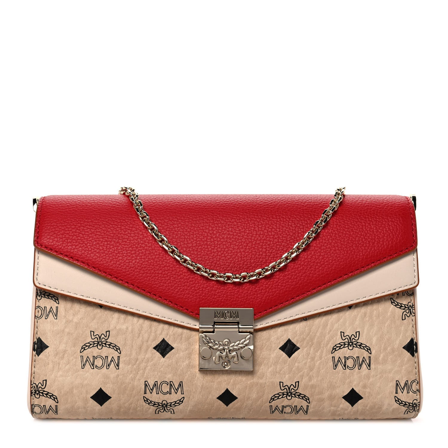 MCM Calfskin Visetos Monogram Millie Color Block Crossbody Bag Beige Red 1 of 9