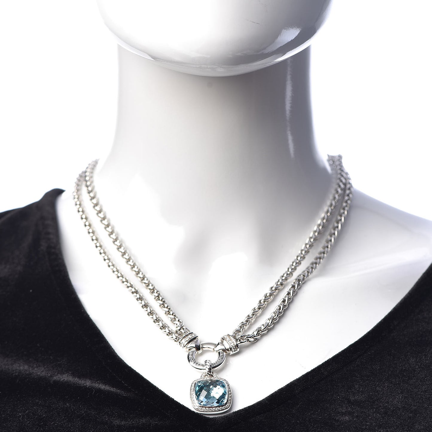 Sterling Silver Diamond Blue Topaz 14mm Albion Double Wheat Chain Pendant Necklace