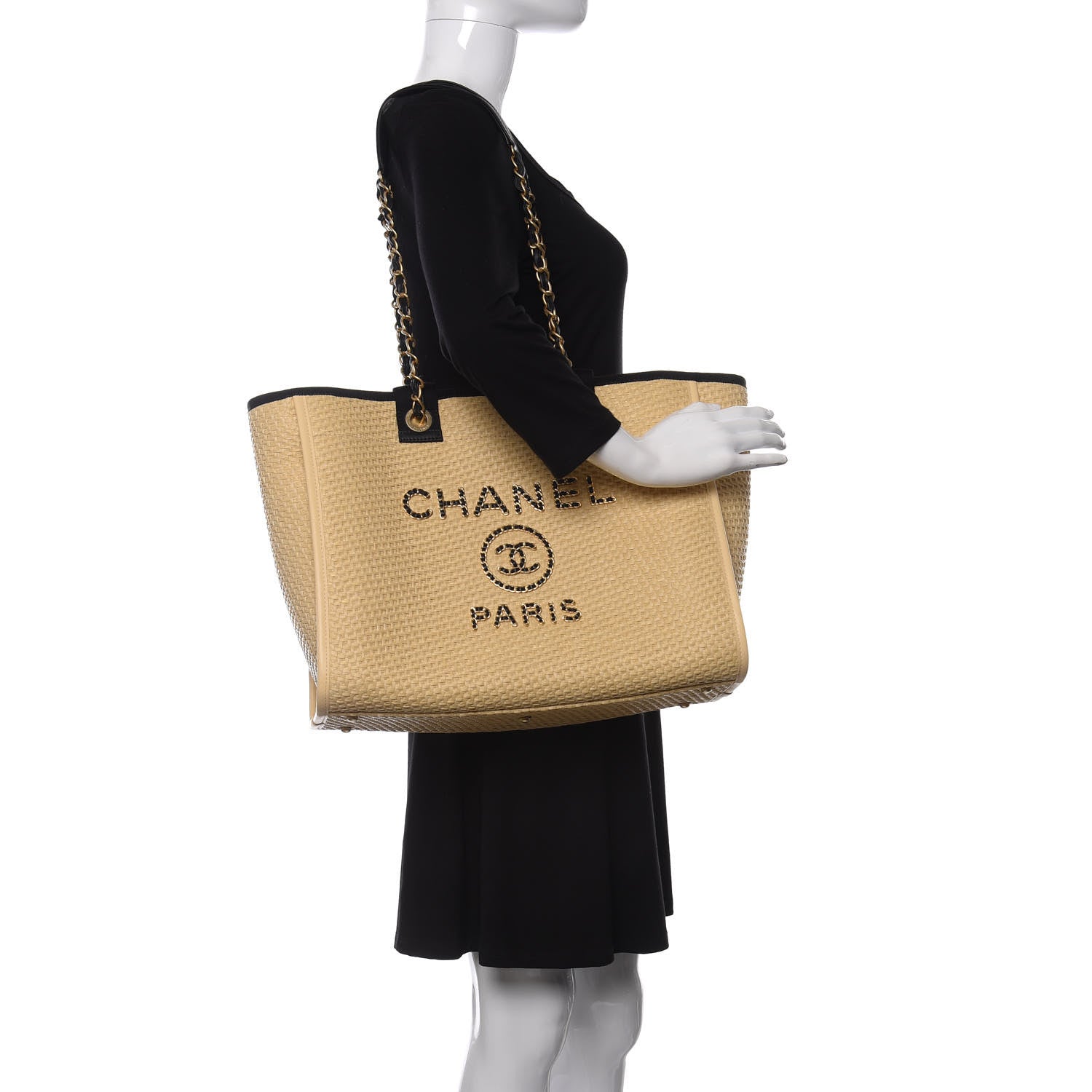Chanel Straw Raffia Calfskin Chain Medium Deauville Tote Beige Black 2 of 13