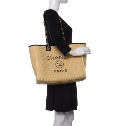 Chanel Straw Raffia Calfskin Chain Medium Deauville Tote Beige Black 2 of 13