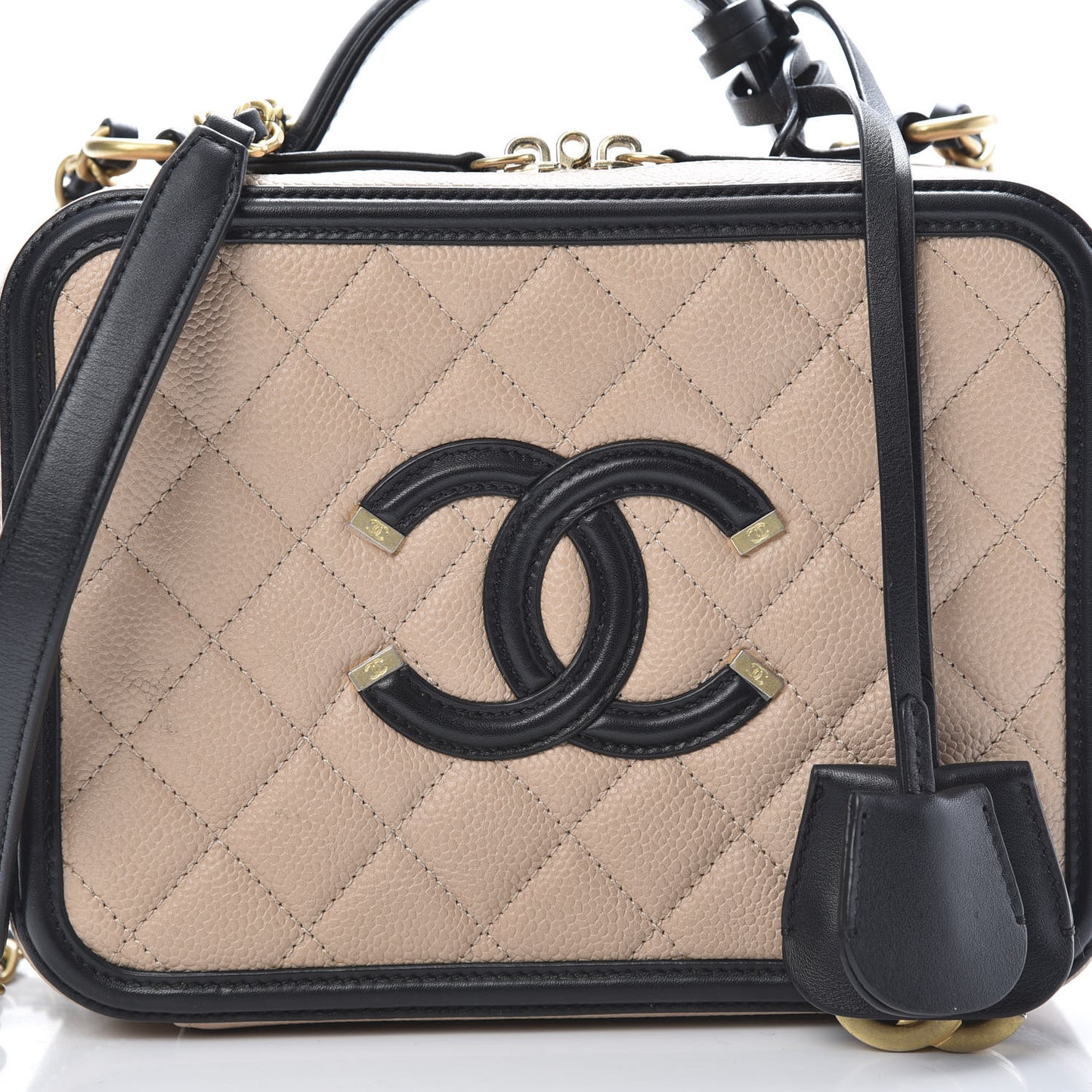Caviar Quilted Medium CC Filigree Vanity Case Beige Black