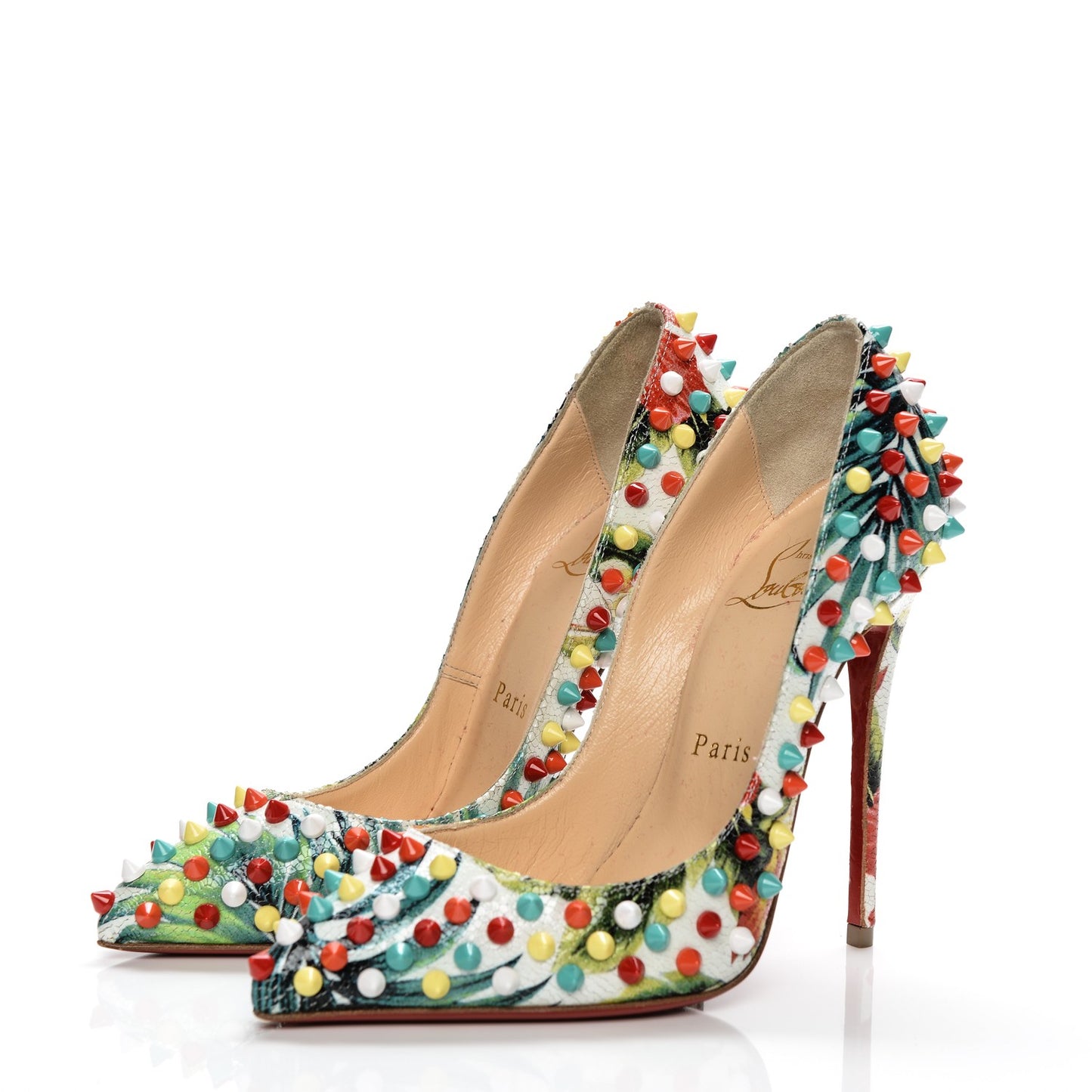 Crackled Calfskin Hawaiian Print Follies Spikes 120 Pumps 35 White Multi