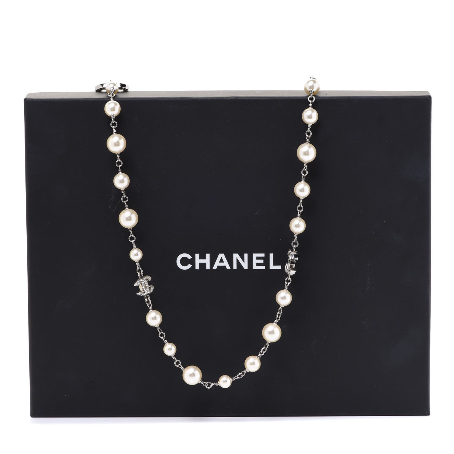 Crystal Pearl CC Long Necklace Silver