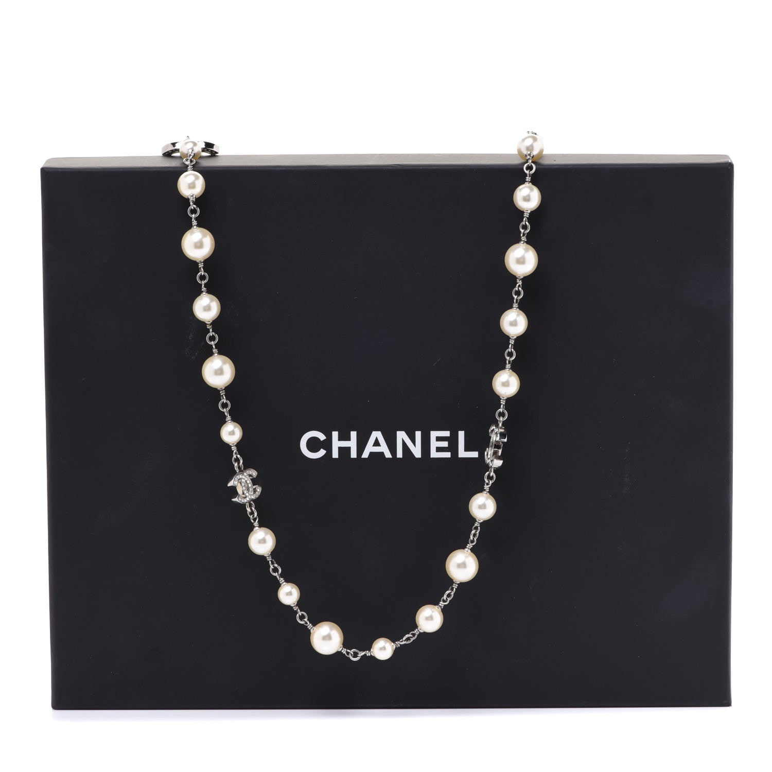 Chanel Crystal Pearl CC Long Necklace Silver 6 of 6