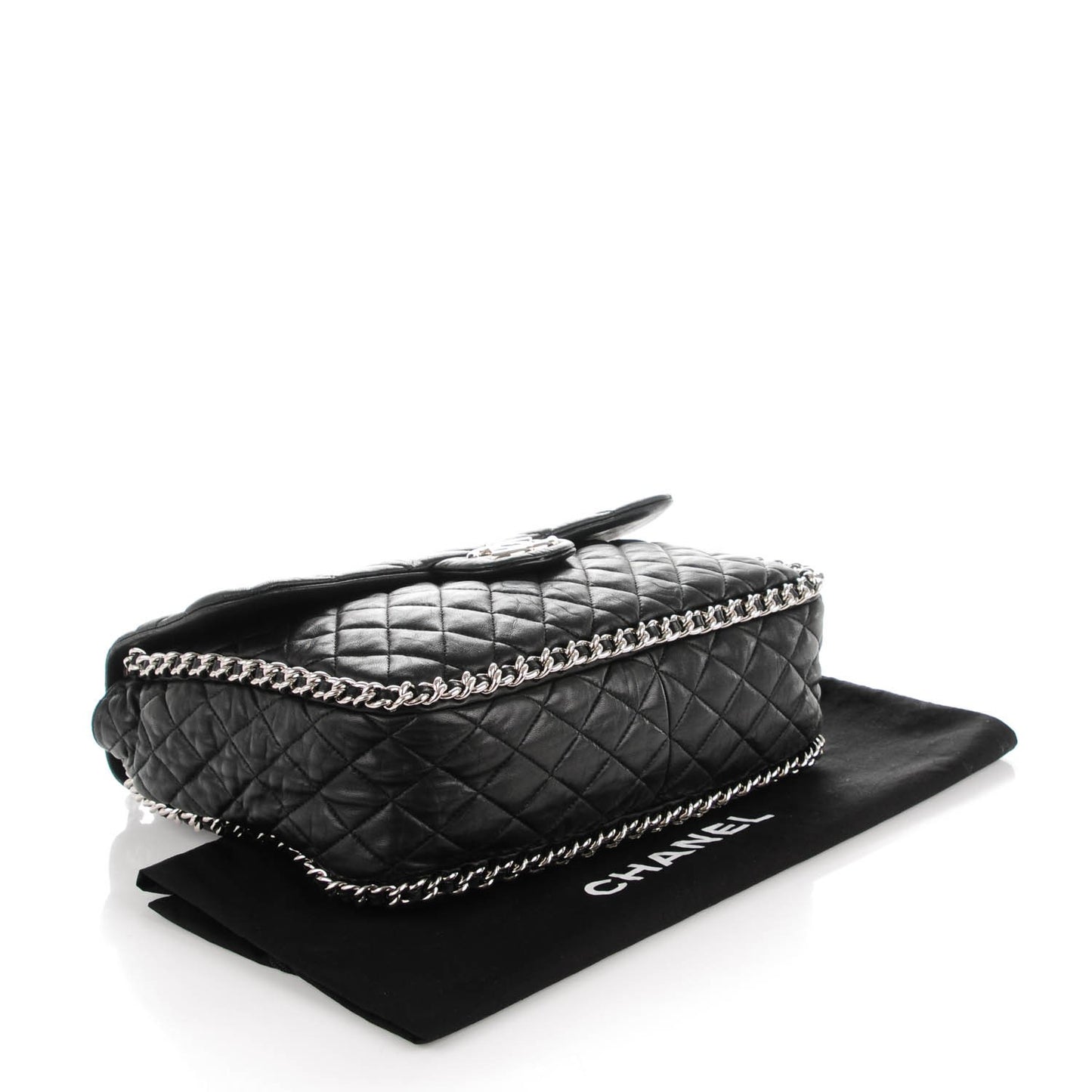 Crumpled Lambskin Quilted Maxi Chain Around Flap Black