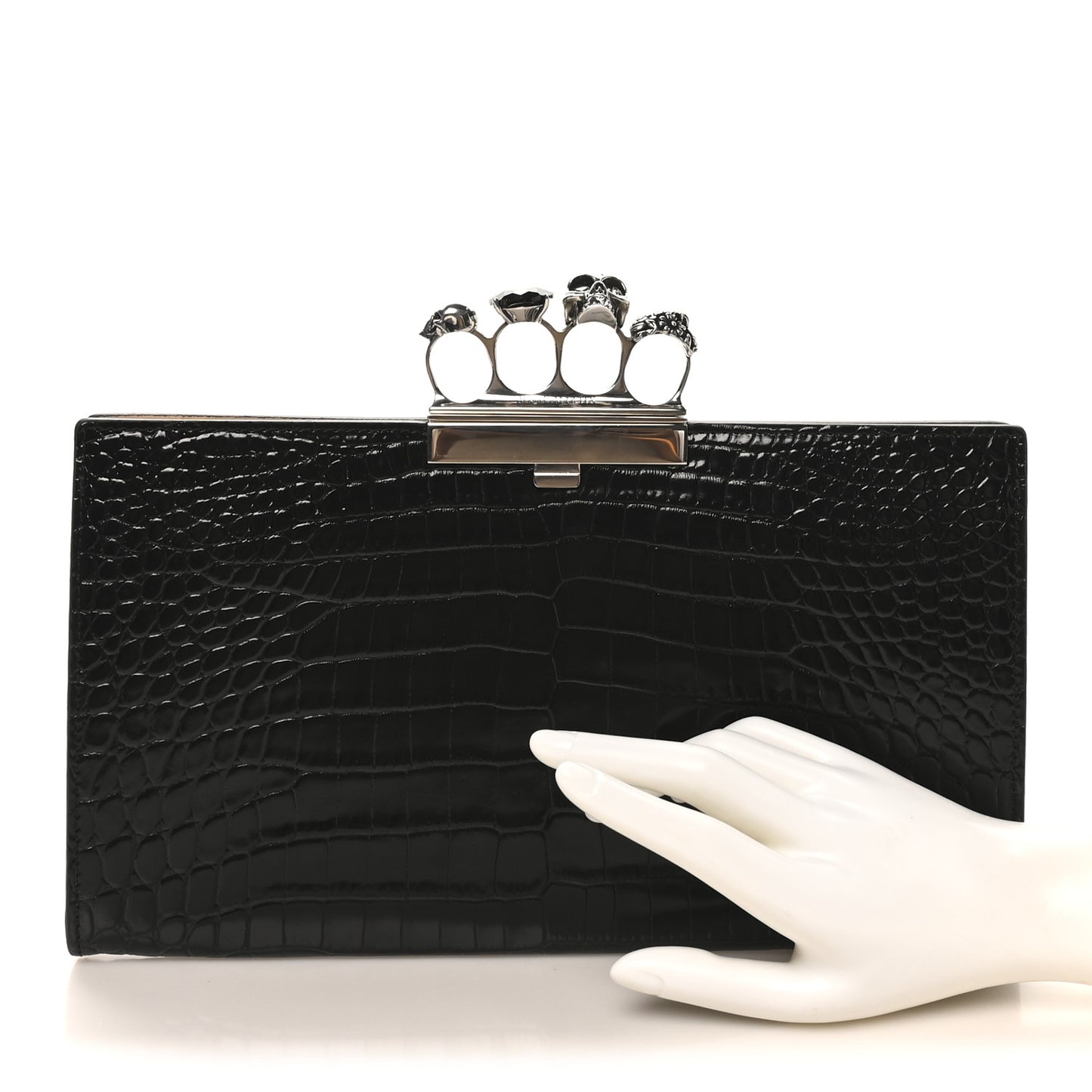 Calfskin Crocodile Embossed Knuckle Flat Clutch Black