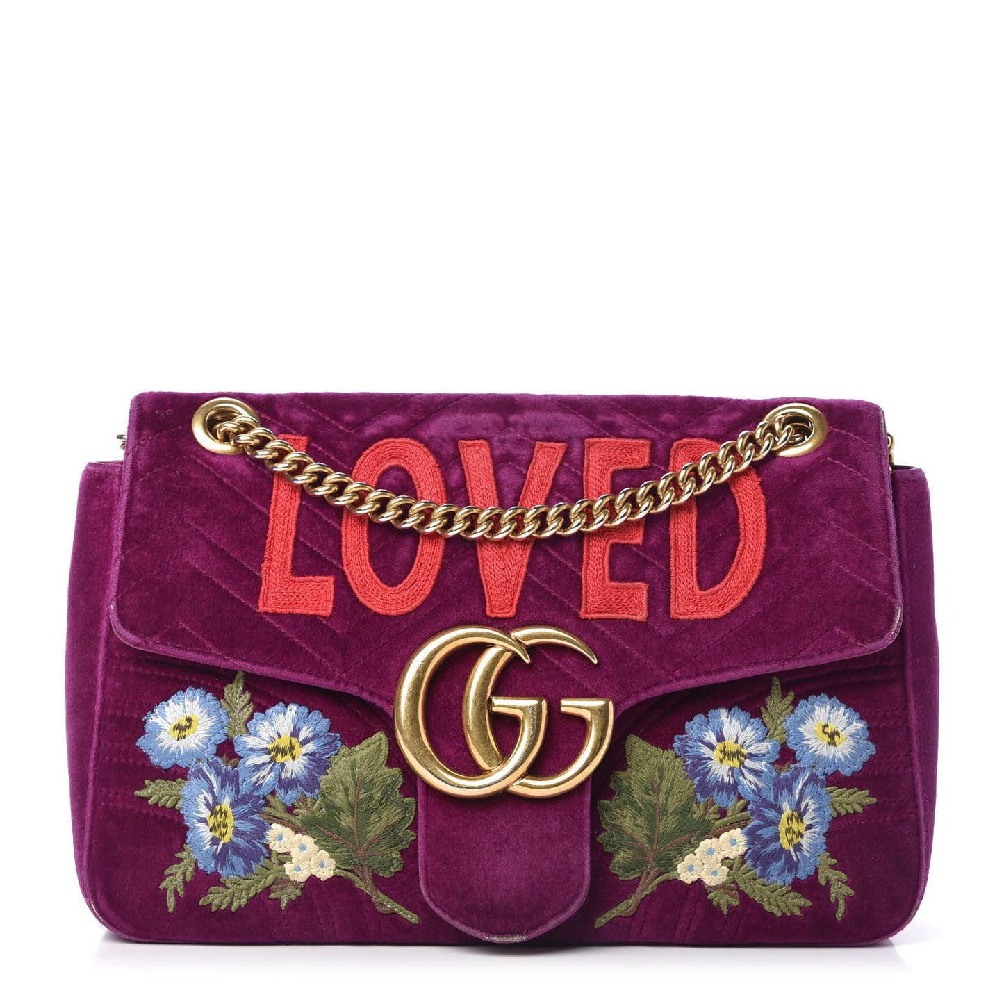 Velvet Matelasse Loved Embroidered Medium GG Marmont Shoulder Bag Fuchsia Violet Cyclamen