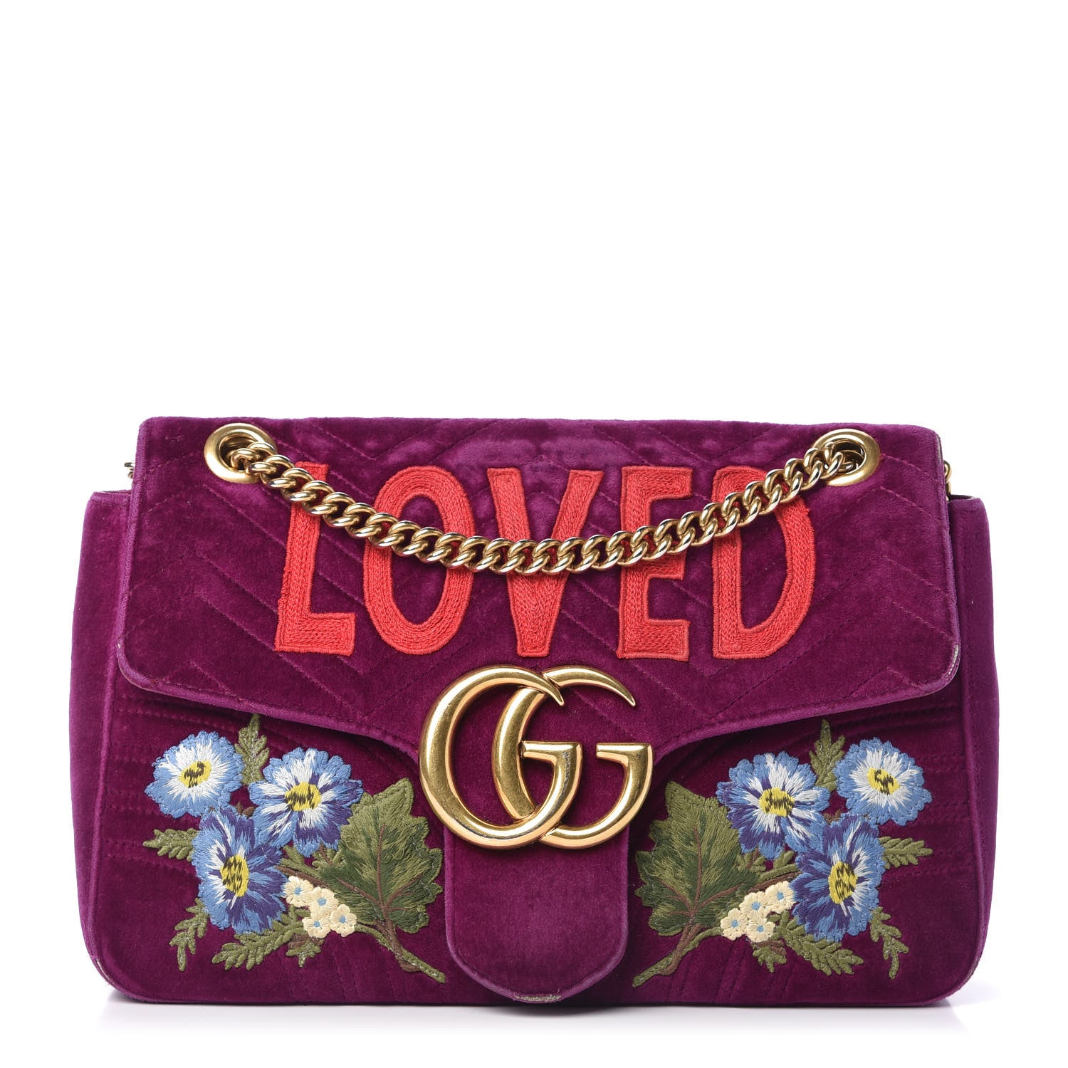 Gucci Velvet Matelasse Loved Embroidered Medium GG Marmont Shoulder Bag Fuchsia Violet Cyclamen 1 of 13