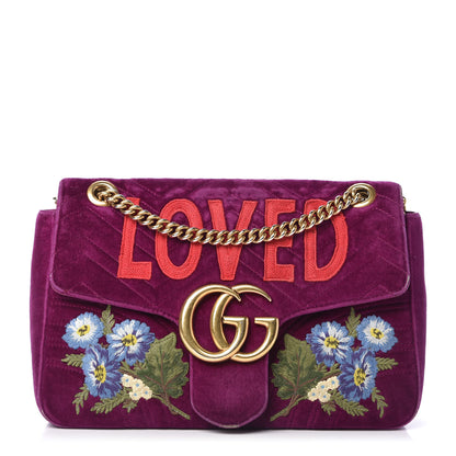 Gucci Velvet Matelasse Loved Embroidered Medium GG Marmont Shoulder Bag Fuchsia Violet Cyclamen 1 of 13