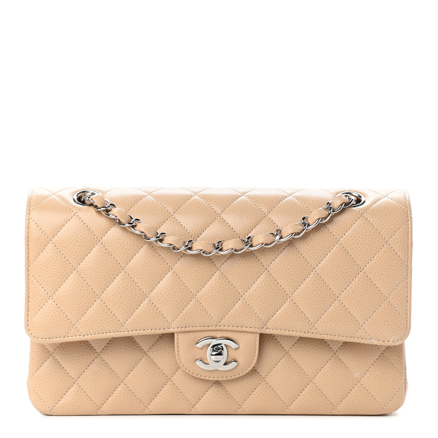 Caviar Quilted Medium Double Flap Beige