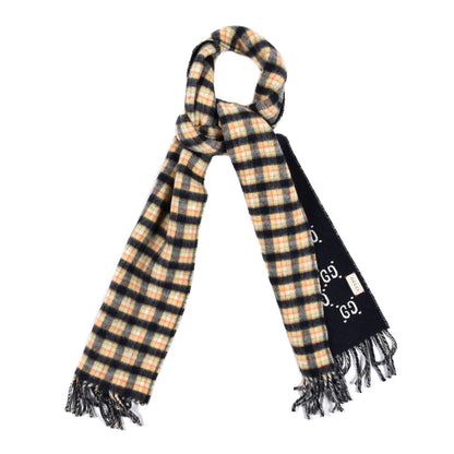 Gucci Wool GG Monogram Plaid Rise Reversible Fringe Scarf Midnight Blue Cream 1 of 4