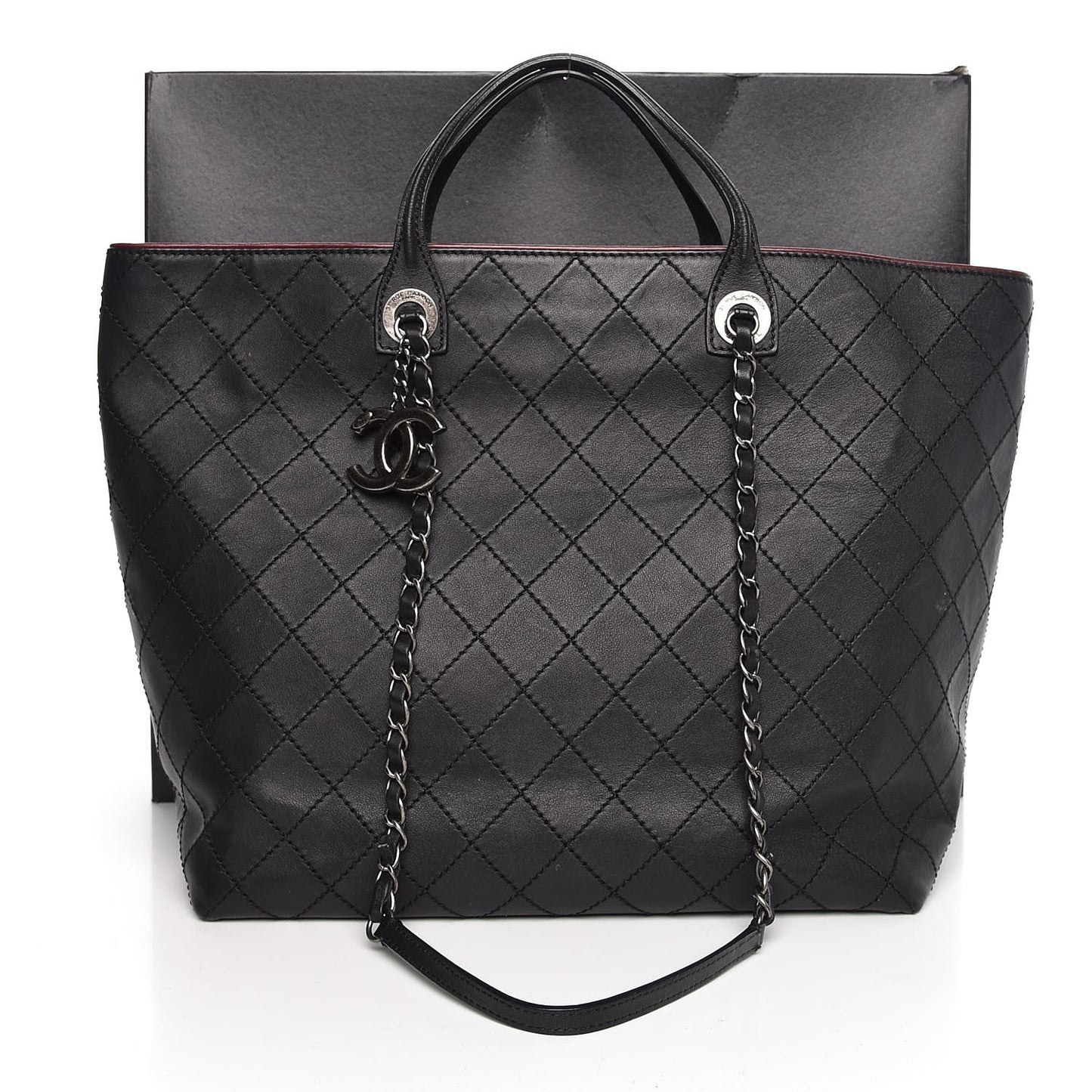 Calfskin Stitched Large Shopping Tote Black