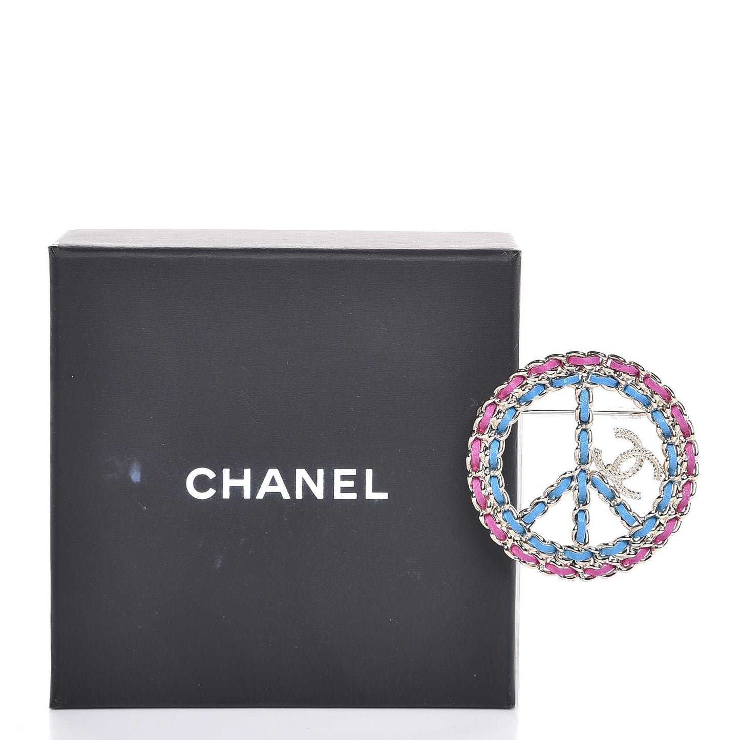 Metal Calfskin Braided Peace Sign CC Brooch Blue Purple Gold