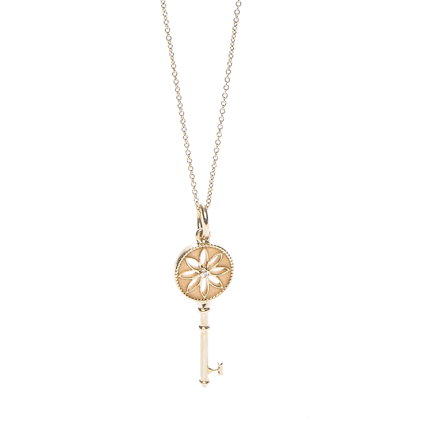 Tiffany 18K Yellow Gold Diamond Small Daisy Key Pendant Necklace 1 of 8