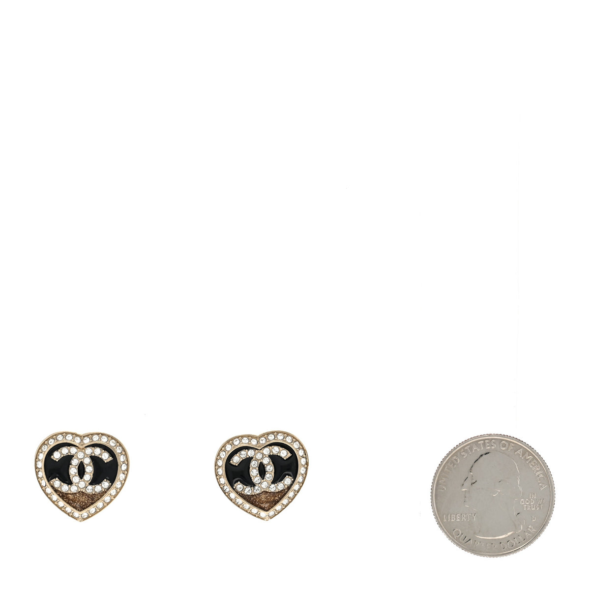 Chanel Crystal CC Heart Stud Earrings Gold Black 2 of 5