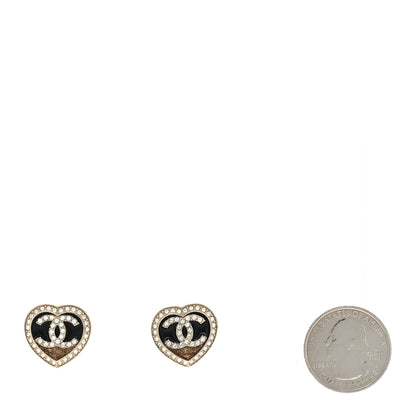 Chanel Crystal CC Heart Stud Earrings Gold Black 2 of 5