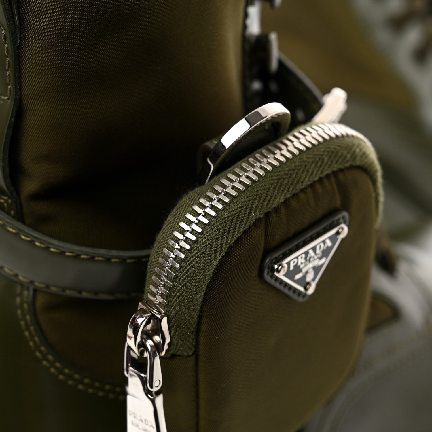Prada Spazzolato Rois Re-Nylon Metal Triangle Logo Monolith Pouch Pocket 55mm Boots 38.5 Militare 10 of 15