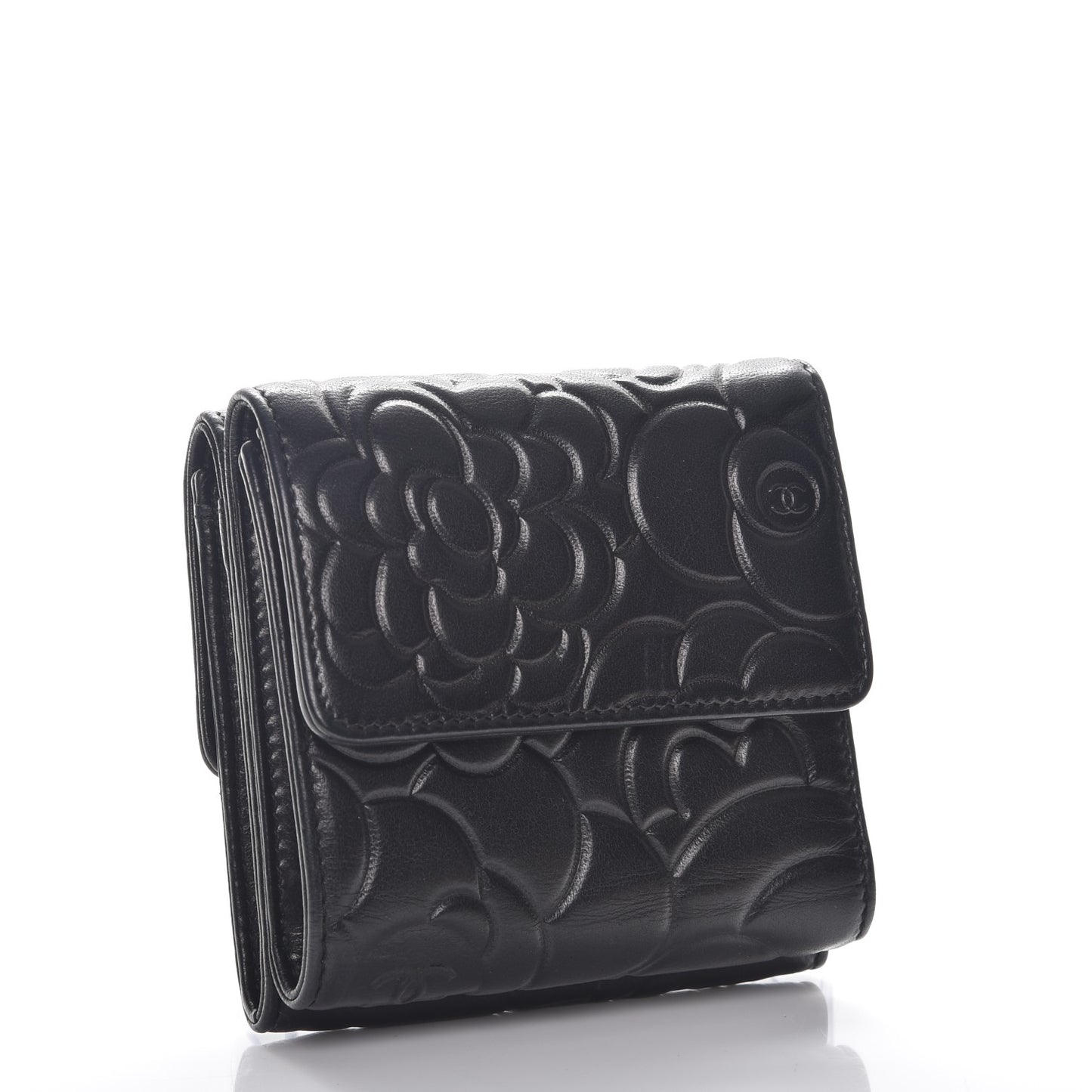 Lambskin Camellia Embossed Small Double Wallet Black