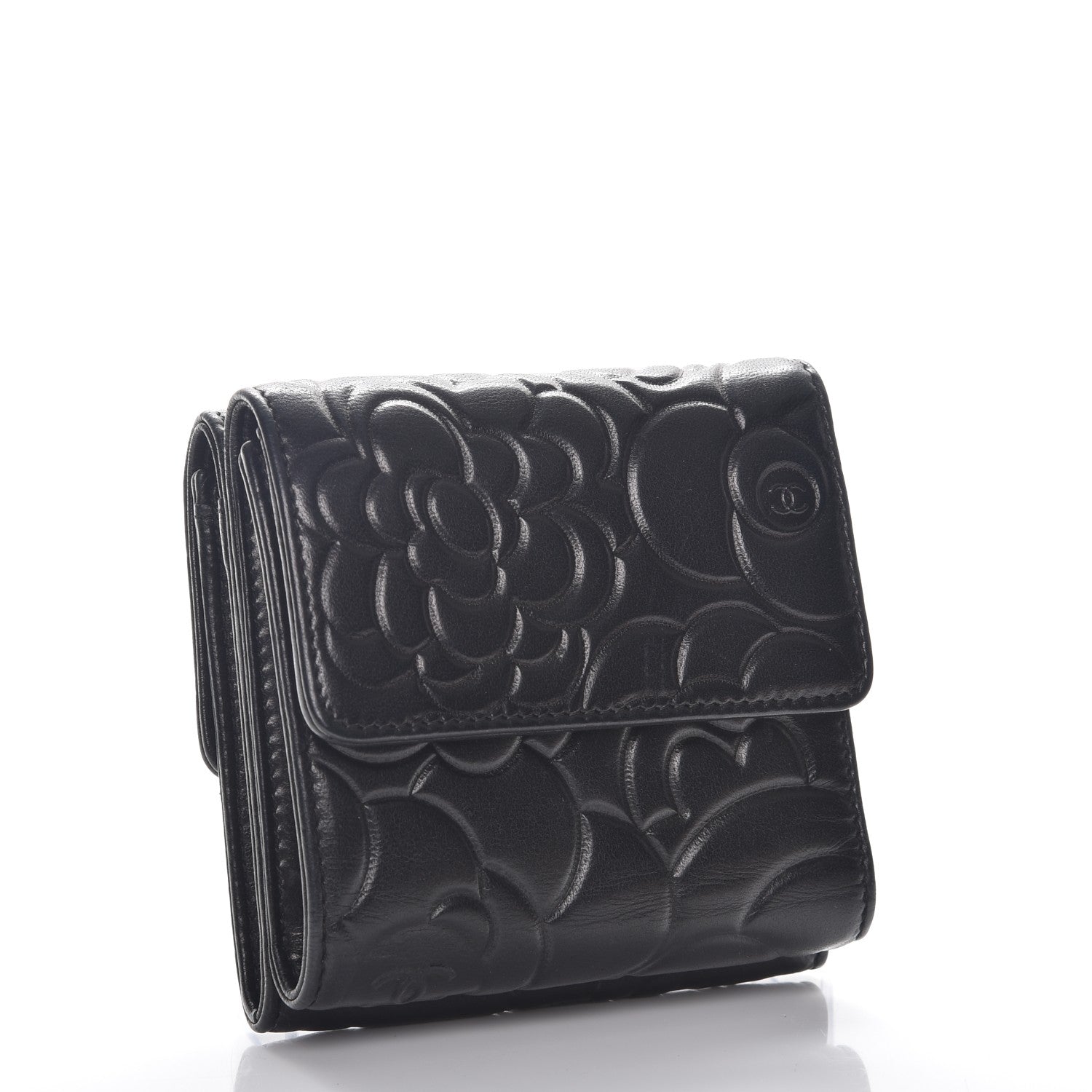 Chanel Lambskin Camellia Embossed Small Double Wallet Black 3 of 9