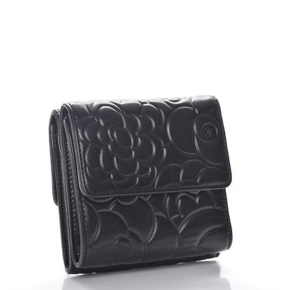Chanel Lambskin Camellia Embossed Small Double Wallet Black 3 of 9