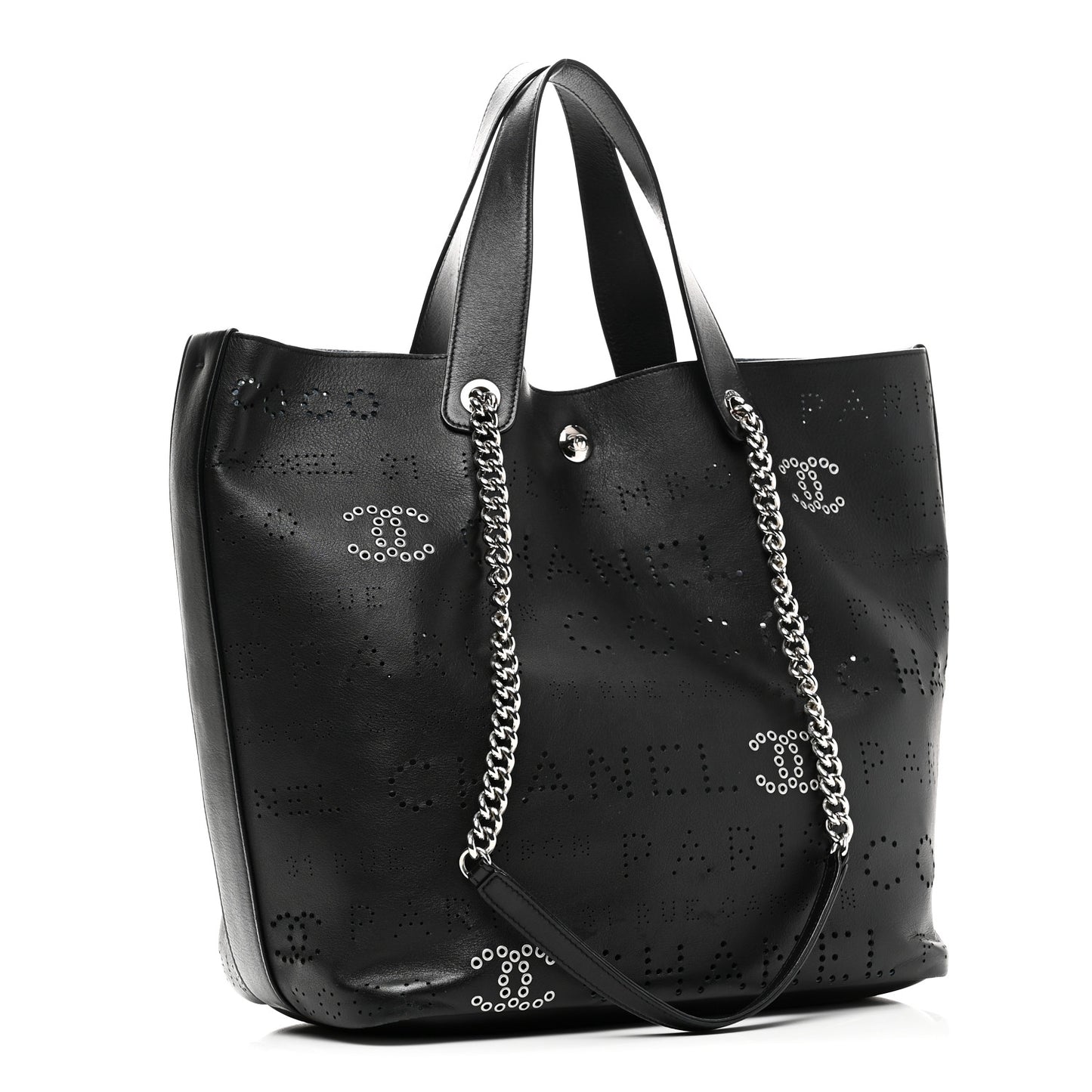Calfskin Tweed Small Logo Eyelets Shopping Tote Black
